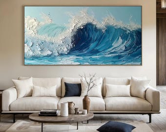 May include: A large abstract painting of a blue ocean wave crashing against a white foamy shore. The painting is done in a textured style, with thick layers of paint creating a sense of movement and depth.