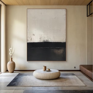 Black painting, beige canvas art, beige textured wall art, large black minimalist abstract painting, living room decor, handmade gift
