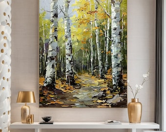 May include: A painting of a birch tree forest with a path leading through the trees. The trees are white with black bark and the leaves are yellow and green. The path is covered in fallen leaves.