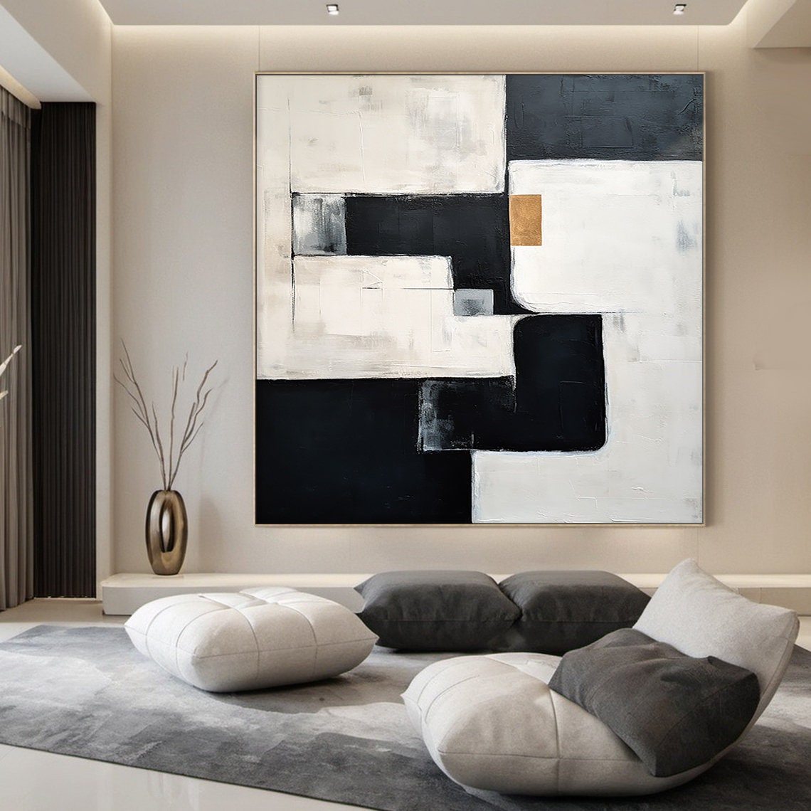 Large Black and White Abstract Oil Painting – Minimalist Textured ...