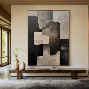 Peinture à l'huile abstraite grise, peinture murale minimaliste noire wabi-sabi, art abstrait marron beige, décoration murale moderne