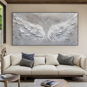 Angel wings handmade painting art, grey angel wings abstract oil painting, modern living room wall decoration, texture painting