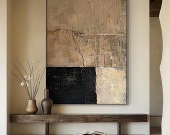 Large brown abstract oil painting, minimalist wabi-sabi wall art, black and beige modern decor for warm living room, home decor