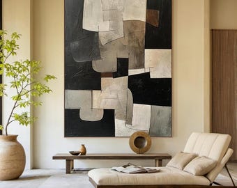 Black abstract oil painting decorative painting, large wabi-sabi minimalist wall painting, brown beige abstract art, modern home decor