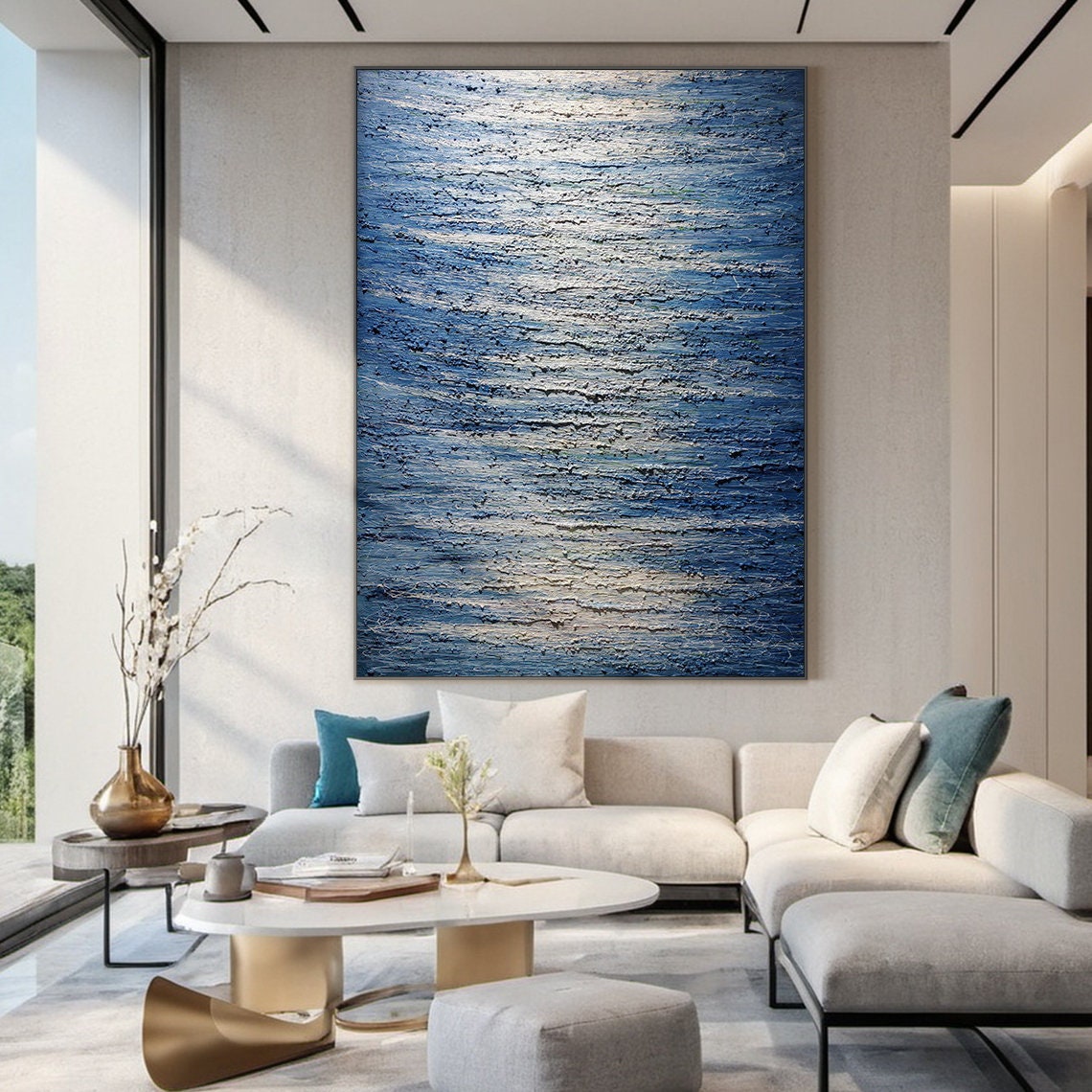 Large Blue Canvas Abstract Painting, Blue Wabisabi Style Wall Art