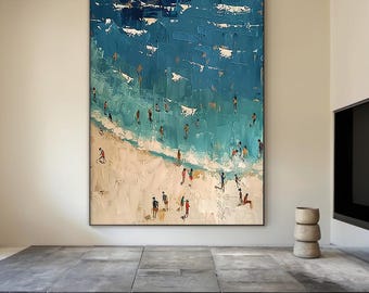 Large summer happy coast painting, swimming surfing painting, textured wall art, summer coast shore crowd painting