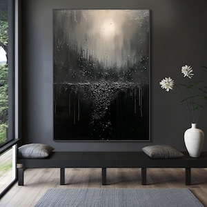 Black minimalist abstract art, black wabi-sabi wall painting, gray and brown abstract painting, modern living room wall painting