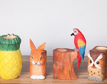 Pure handmade solid wood carved cartoon animal pen holder ornaments:Pineapple,Owl,Parrot,Rabbit. Home Decor,Patio Decor,Animal ornament