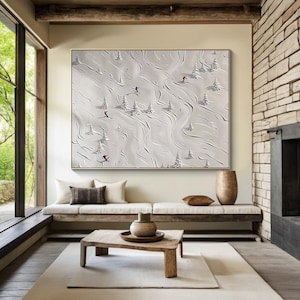 Peinture décorative de peinture à l'huile de toile de ski blanche, cadeau original de skieur, art abstrait gris clair de ski, décoration de mur de salon moderne