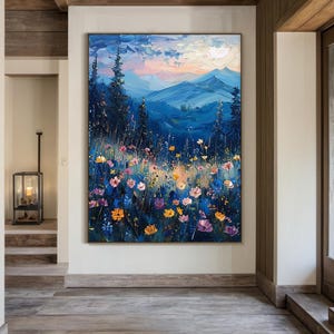Colorful floral oil painting on canvas, blue abstract floral landscape painting, floral texture wall art, modern natural living room decor