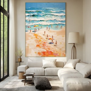 Large original beach abstract oil painting on canvas, textured wall art, happy coast acrylic painting, modern living room wall decor