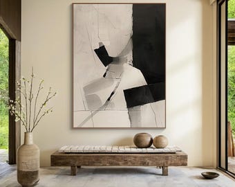 Beige abstract oil painting decorative painting, beige simple wabi-sabi wall painting, black abstract art, modern home decor, handmade gift