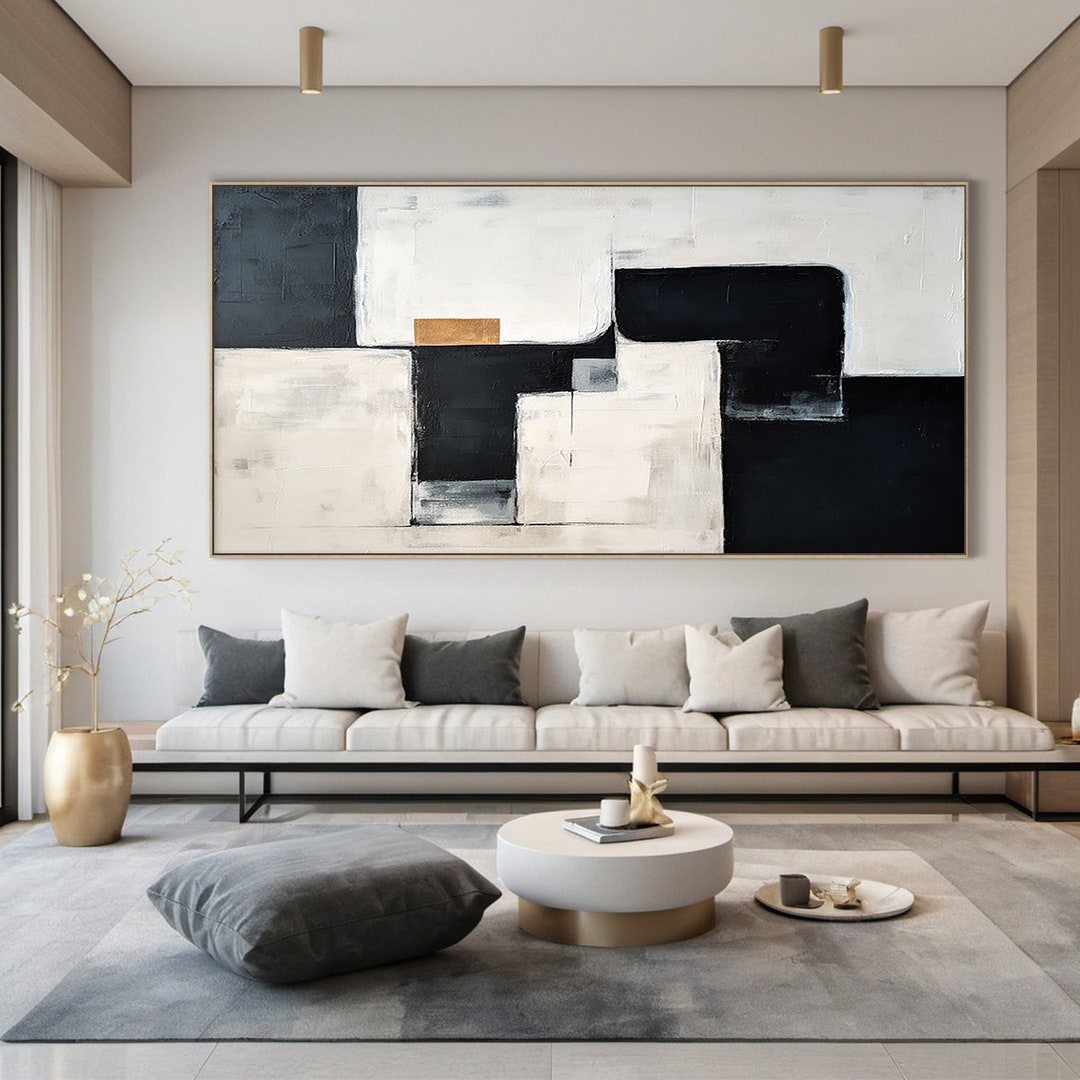 Large Black and White Abstract Oil Painting – Minimalist Textured ...