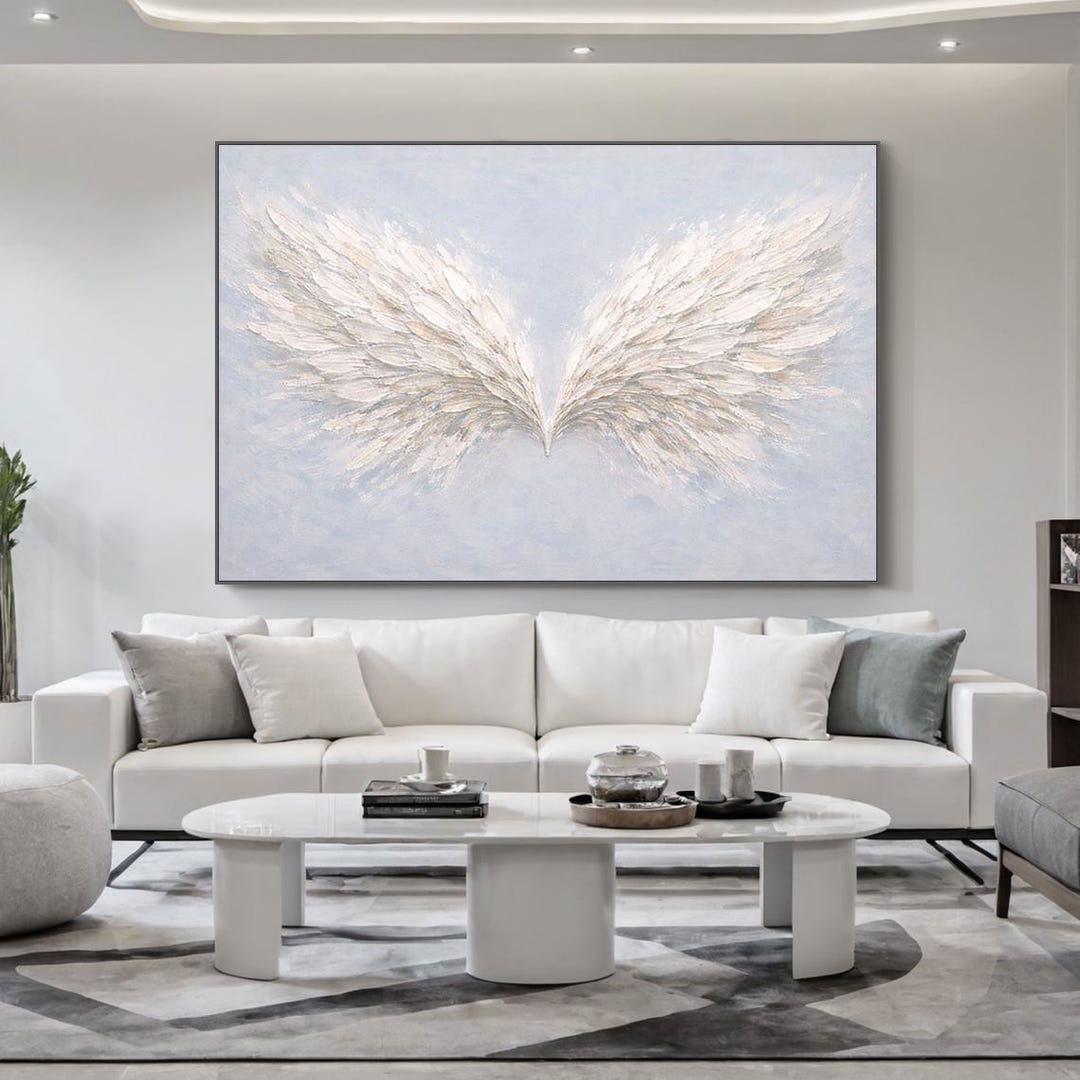 Large Angel Wings Painting on Canvas, White Blue Abstract Wall Art for ...