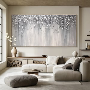 Large original grey canvas floral painting, modern abstract white floral acrylic painting, neutral living room wall decor
