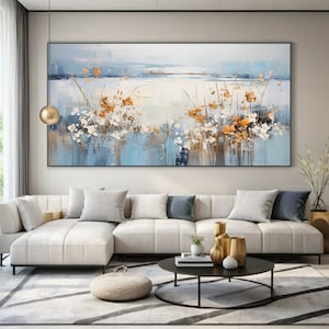 Large oil painting canvas abstract art, natural home decor, blue wildflower oil painting, living room wall art, handmade gift