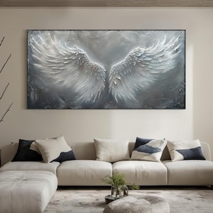 Large white angel wings handmade painting art, grey angel wings abstract oil painting, black abstract art, modern living room decoration