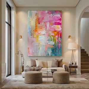 Large Pink Abstract Oil Painting – Handmade Colorful Wall Art for Living Room, Modern Feminine Office or Bedroom Decor Canvas