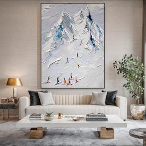 Dessin à la main de toile de ski blanche 3D, cadeau skieur original, art abstrait de ski gris beige, décoration de salon moderne