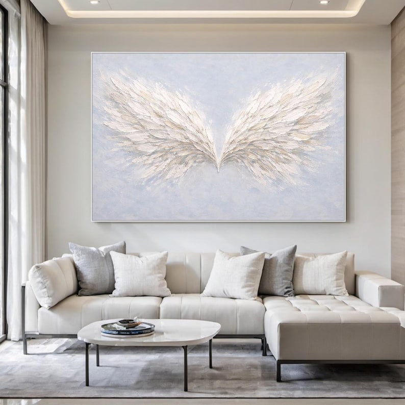 Large Angel Wings Painting on Canvas, White Blue Abstract Wall Art for ...