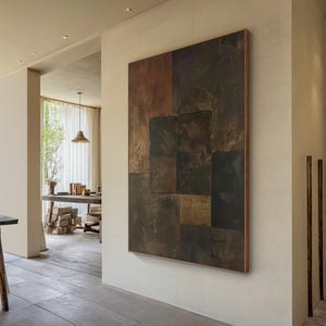 Brown abstract oil painting decorative painting, black simple wabi-sabi wall painting, black abstract art, modern home decor, handmade gift