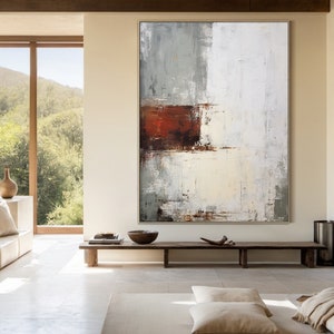 Decoración de pared wabi-sabi en blanco y gris, arte de decoración de pared abstracto en gris y blanco, mural de pared con textura roja, decoración de sala de estar moderna