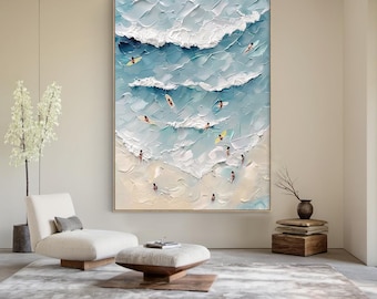 Large happy coast painting, swimming surfing painting, textured wall art personalized gift, summer coast crowd on shore painting