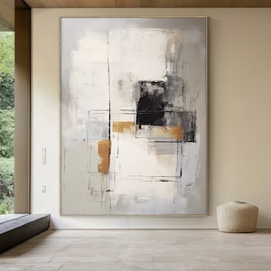 Gray white canvas abstract painting, wabi-sabi wall art, large gray wall art, black brown embellishment hand-painted, home wall decoration