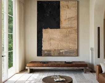 Original brown abstract oil painting on canvas, large brown minimalist wabi-sabi wall art, black textured art, modern home decor