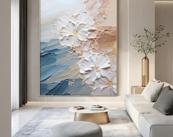 May include: Abstract painting featuring white flowers with textured brushstrokes on a background of blue, beige, and peach.