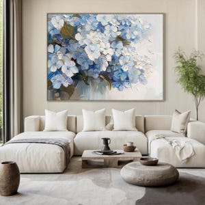 Original blue and white floral decorative painting, abstract floral handmade painting, floral texture wall painting, modern home decor
