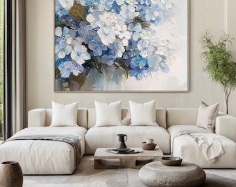 Pintura decorativa floral azul y blanca original, pintura floral abstracta hecha a mano, pintura mural con textura floral, decoración moderna del hogar.