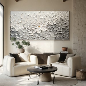 Large original flower painting on canvas, textured wall art, modern grey abstract flower acrylic painting, neutral wall decor