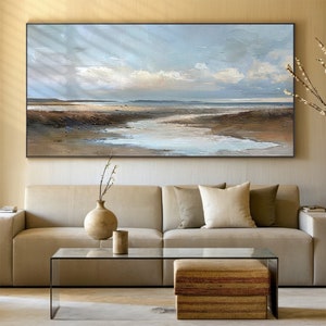 Blue sky canvas painting, large blue abstract painting, nature sky clouds landscape, textured wall art, living room decor