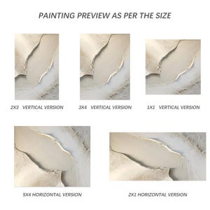 May include: A digital painting preview showing different sizes and orientations of a beige abstract painting with a textured, layered look. The painting features a light beige background with a darker beige shape in the center.
