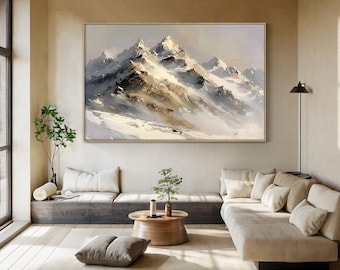 Large snowy mountain abstract mountain oil painting, textured mountain sunrise landscape painting, modern nature living room wall art