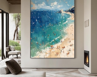 Large summer happy coast painting, swimming surfing painting, textured wall art personalized gift, summer coast shore crowd painting