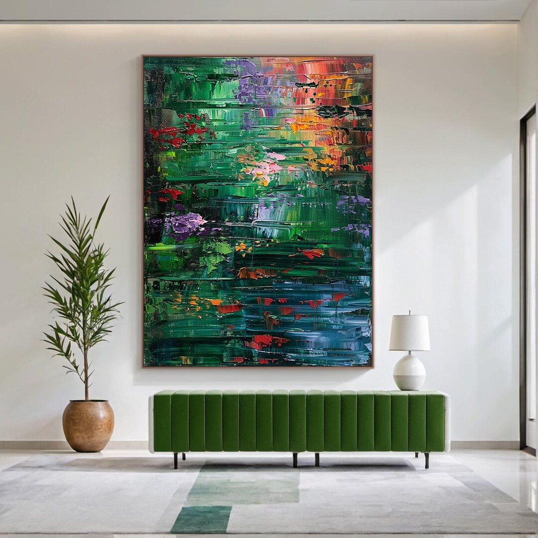 Green Abstract Oil Painting on Canvas, Large Textured Wall Art for ...