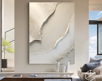 Large light beige canvas abstract painting, beige minimalist wall art, white textured hand painted, modern stylish wall decor