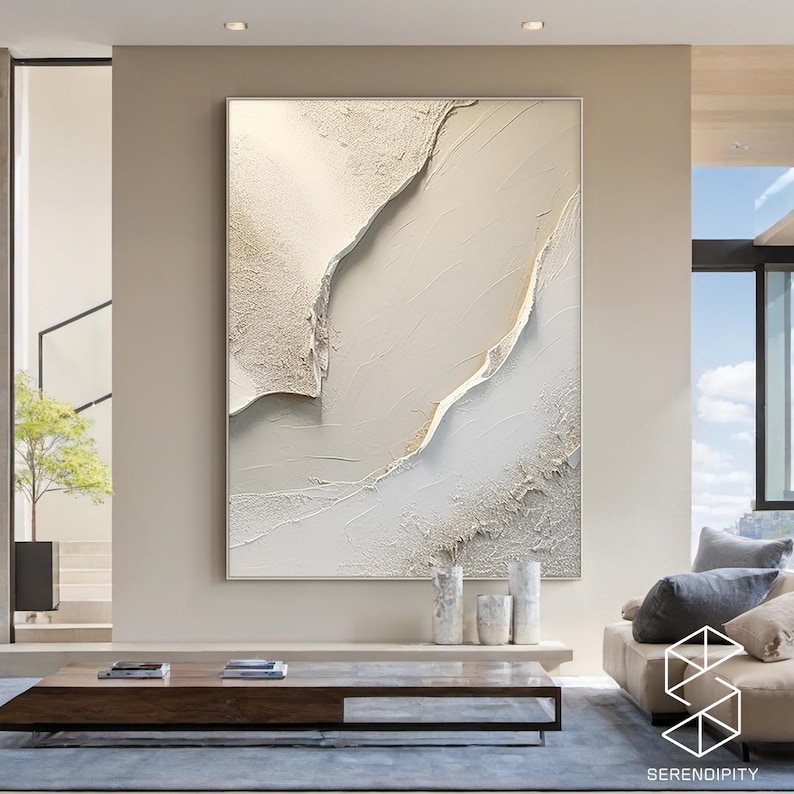 May include: Abstract wall art featuring a white and gold textured design with a modern minimalist style.