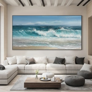 Large blue sea level abstract oil painting on canvas Blue ocean landscape painting Handmade painting Modern natural living room decoration