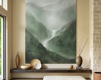 May include: A large abstract painting of a green mountain landscape with a waterfall flowing down the center. The painting is done in shades of green and white, with a soft, hazy effect.
