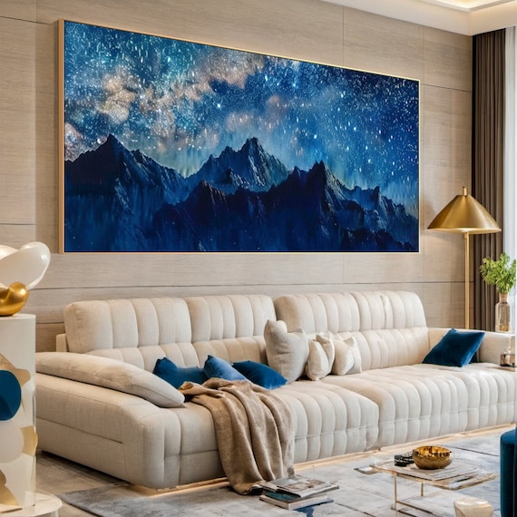 Mountain Starry Sky Painting, Large Blue Night Scene Canvas Oil