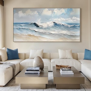 Large natural blue ocean wave abstract painting, white waves abstract art, beige beach landscape painting, modern living room decor
