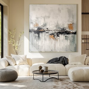 White and grey wabi-sabi wall decor art, white abstract art, large black textured handmade painting, modern home decor