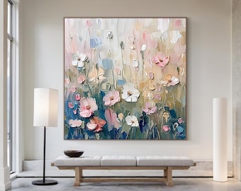 Large Floral Palette Knife Painting, Colorful 3D Texture Wildflower Canvas Wall Art