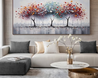 Large original canvas tree painting, colorful 3D texture wall painting, modern abstract tree acrylic painting, living room wall decoration