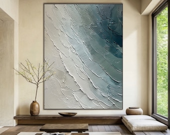 Light blue ocean waves canvas abstract painting, white beach landscape painting, blue textured wall painting, modern living room decoration