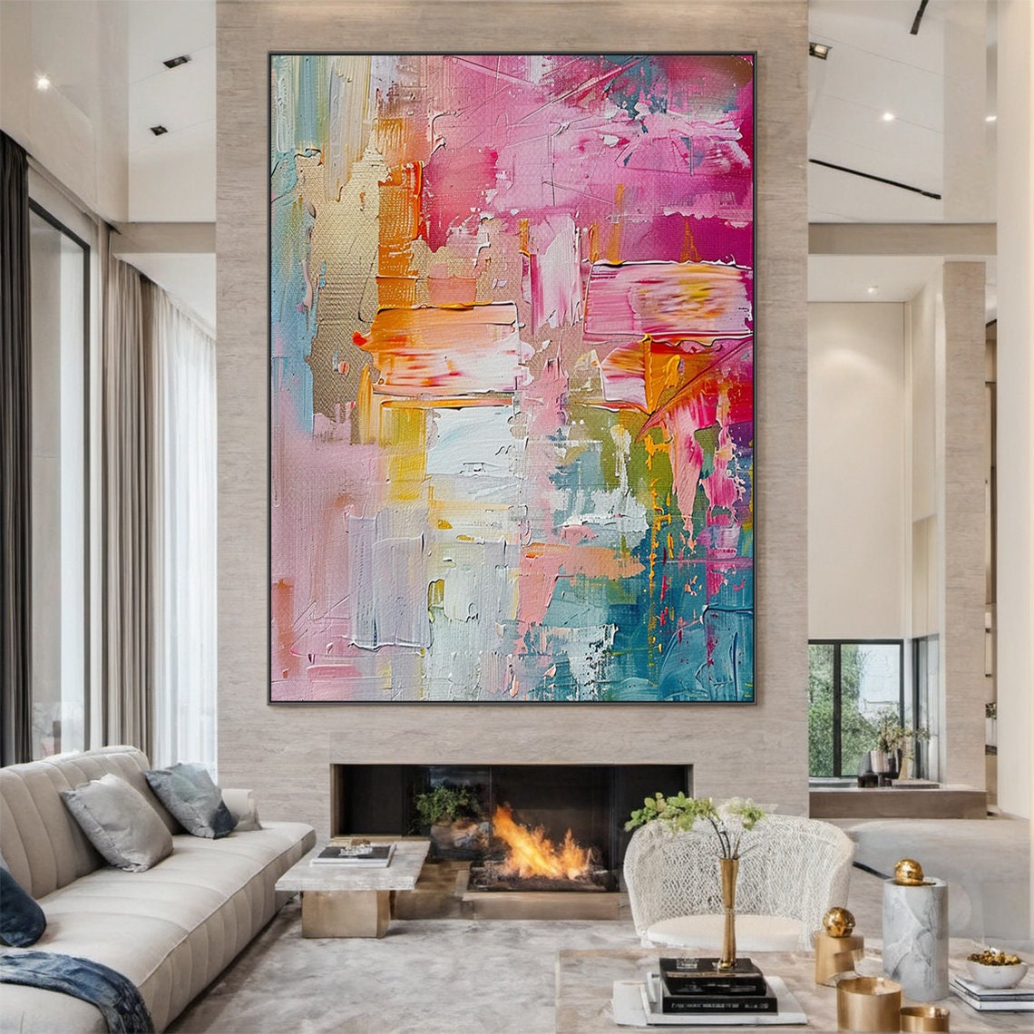 Large pink abstract oil painting, colorful handmade painting, modern office art, living room wall decoration