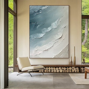 Blue ocean waves canvas painting, blue ocean abstract painting, large nature beach scenery, textured wall art, living room decor